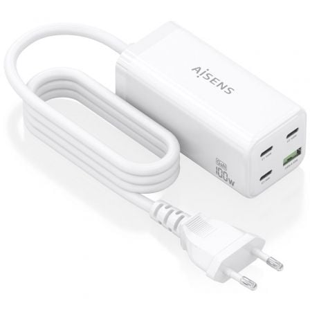 Cargador Sobremesa GaN Aisens ASCH-100W4P053-W/ 3xUSB Tipo-C/ 1xUSB/ 100W